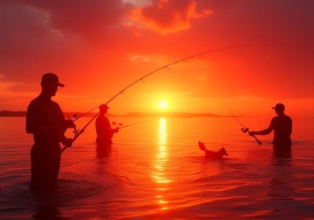 Beautiful silhouettes of several anglers casting their lines into the water during a breathtaking tropical sunset.